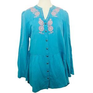 Tasha Polizzi Turquoise Long Sleeve Embroidered Linen Top Size Small